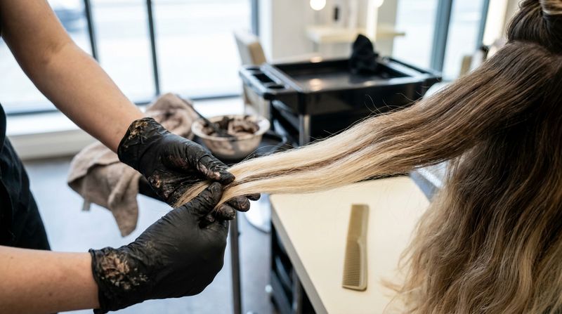 Maos enluvadas de uma profissional segurando uma secao de cabelo onde a faixa descolorida e a base natural ficam lado a lado