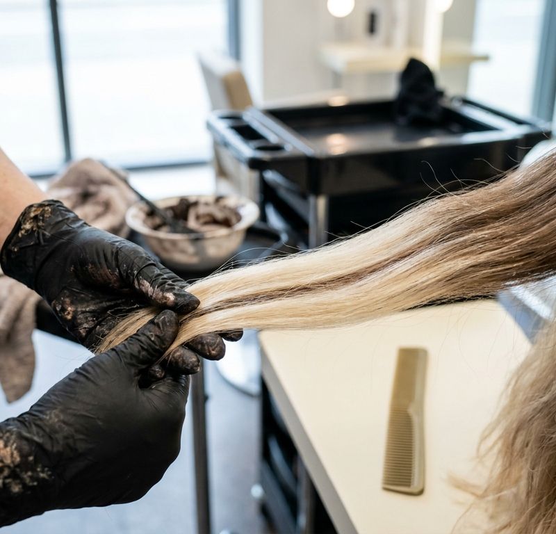 Manos enguantadas de una profesional sujetando una seccion de pelo donde la franja decolorada y la base natural quedan juntas en el mismo mechon