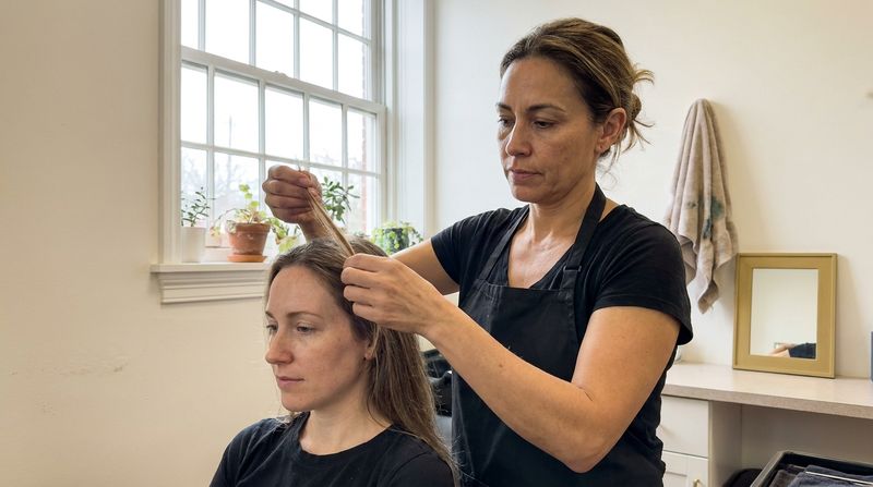 Profissional e cliente observando um comprimento de cabelo na luz da janela antes de comecar o servico, sem produto e sem luvas