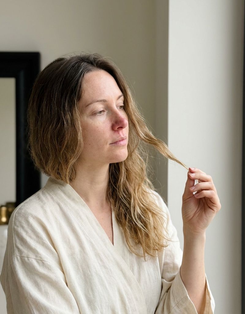 A person holding a strand of their own hair up to window light, comparing how the roots and ends look after summer