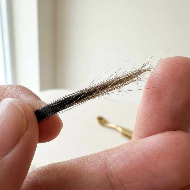 Primer plano de una hebra de pelo real sostenida entre los dedos, mostrando un degradado de color entre la zona más cercana a la raíz y la punta más dañada por el sol