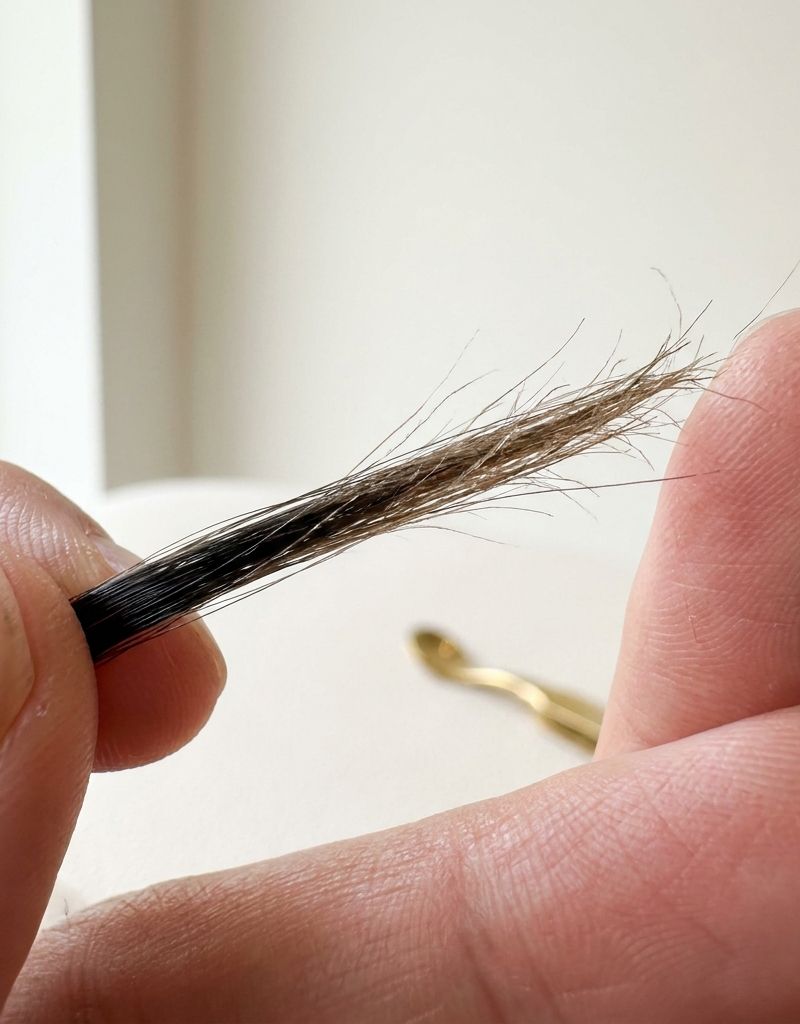 Extreme close-up of a real hair strand held between two fingers, showing a gradient from a healthier tone near the root to a lighter, more sun-worn tip