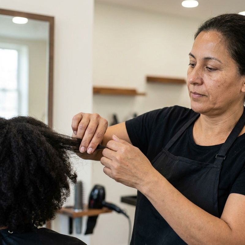 Colorista profesional examinando una sección de pelo de su cliente junto al espejo del salón, evaluando el estado de la fibra antes de aplicar color