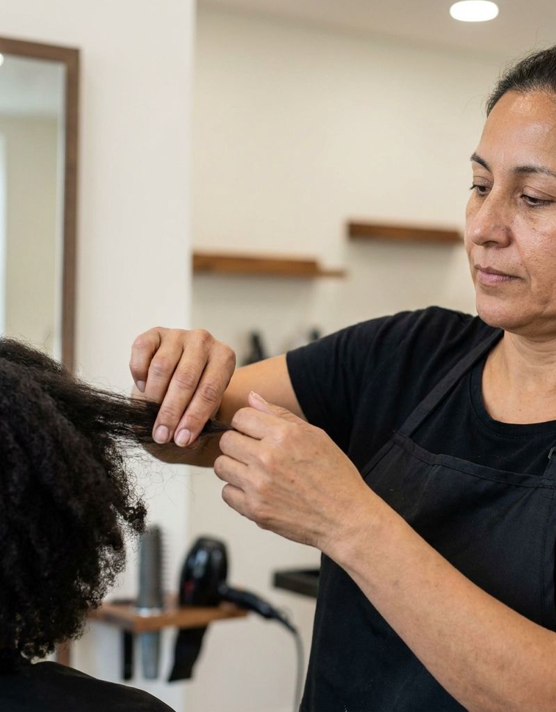 A professional colorist examining a section of a client's hair near a salon mirror, checking the condition of the fiber before applying color