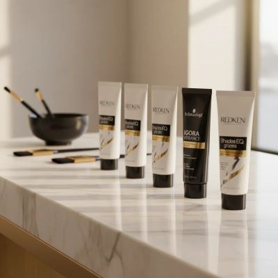Tubos de Redken Shades EQ ao lado de Schwarzkopf Igora Vibrance com tabela de equivalências