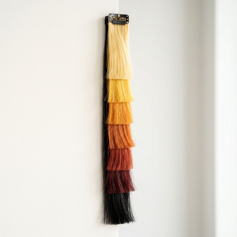 Gradient of real hair swatches showing the underlying pigment exposed at each level, from red at low levels to pale yellow at high levels
