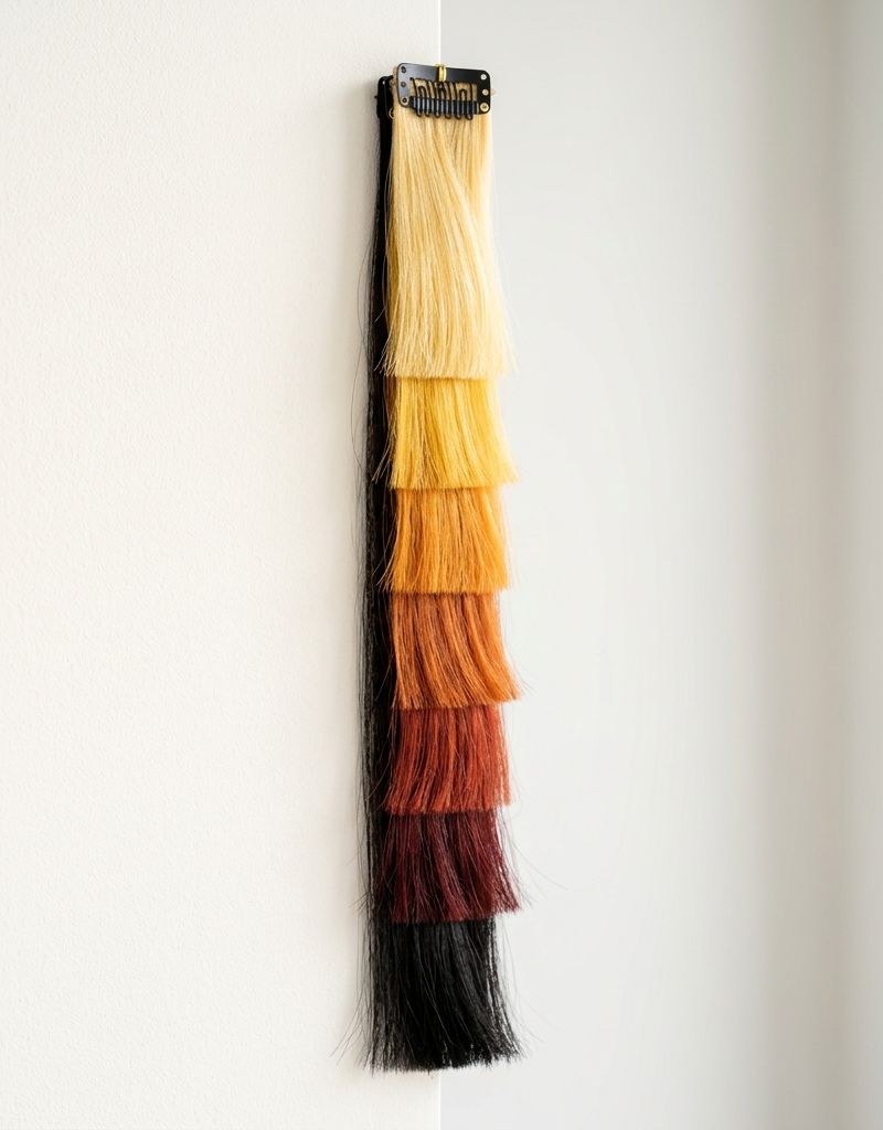 Gradient of real hair swatches showing the underlying pigment exposed at each level, from red at low levels to pale yellow at high levels