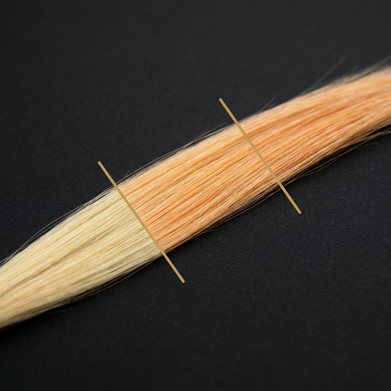 Hair strand split into three zones with different underlying pigments, from pale yellow at the root to orange through mid-lengths and ends, separated by gold markers