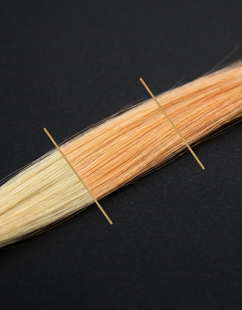 Hair strand split into three zones with different underlying pigments, from pale yellow at the root to orange through mid-lengths and ends, separated by gold markers