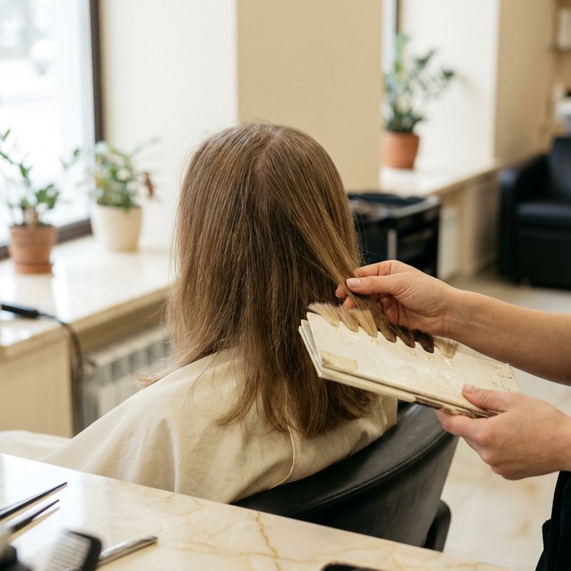 Color professional holds the shade chart against the client's hair by the salon window, with daylight coming in
