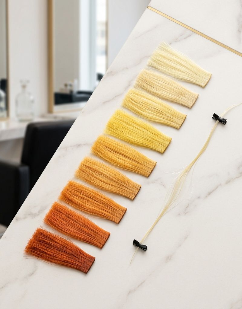 Professional colorist running an elasticity test on a wet strand, next to strands showing different lift levels of underlying pigment
