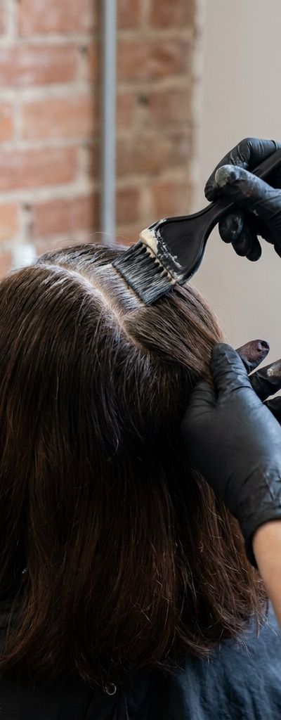 Back view of brunette hair with a freshly touched-up root showing a tone mismatch against the mid-lengths, in a salon with natural light
