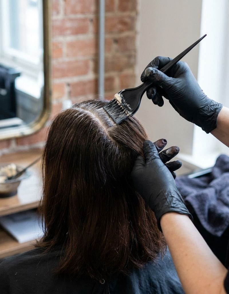 Back view of brunette hair with a freshly touched-up root showing a tone mismatch against the mid-lengths, in a salon with natural light