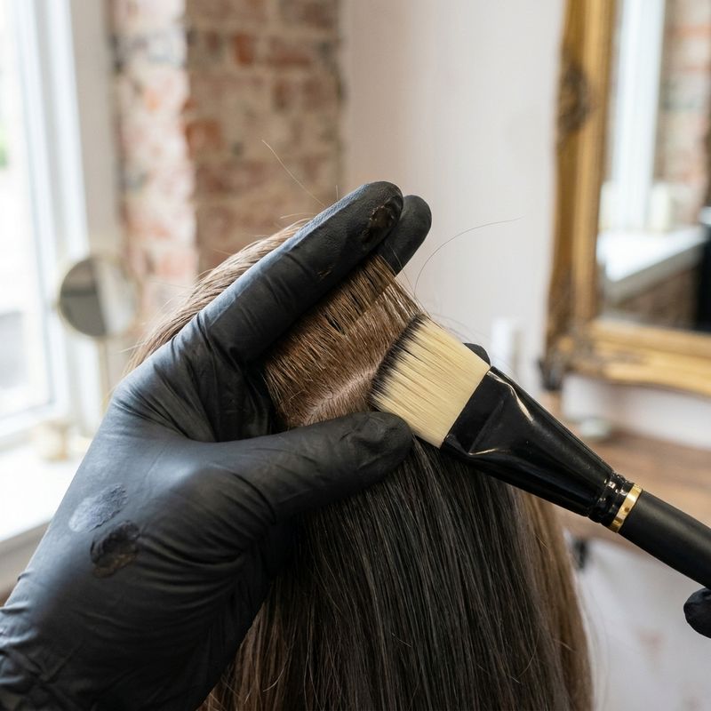 Antebrazo y mano enguantada de una profesional sujetando una brocha de tinte justo en la frontera entre el crecimiento virgen y el largo ya coloreado, deteniéndose antes de pisar lo ya teñido