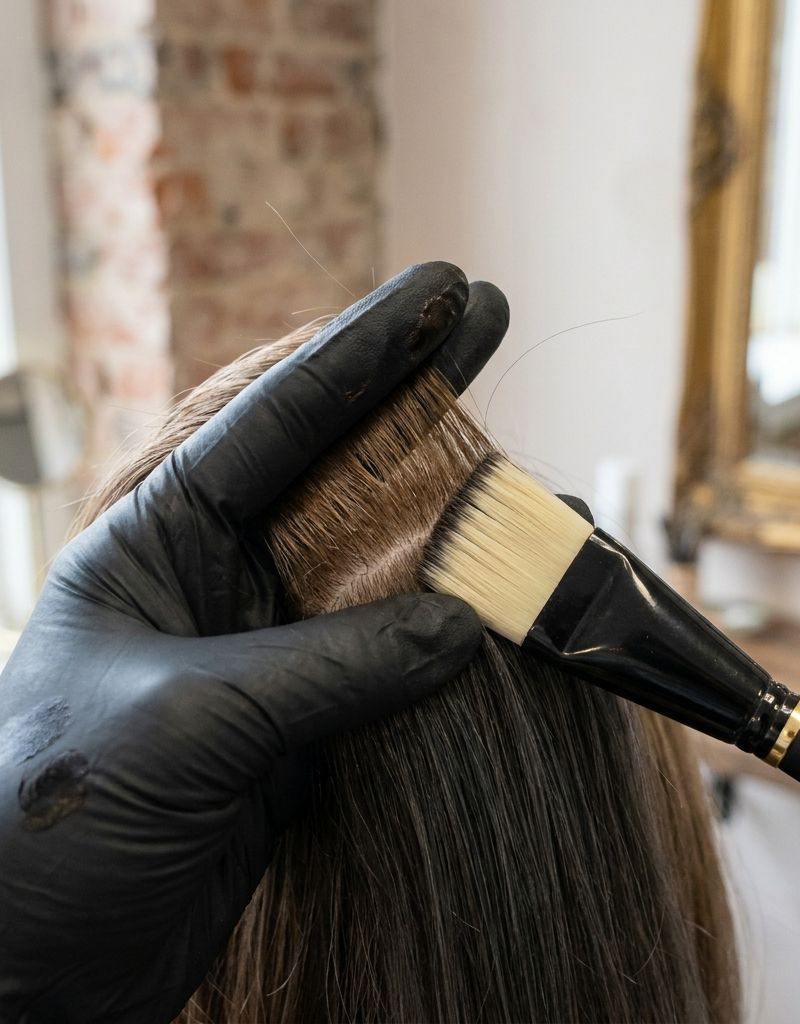 Forearm and gloved hand of a colorist holding a tinting brush right at the border between virgin growth and already-colored length, stopping before it touches what's already colored