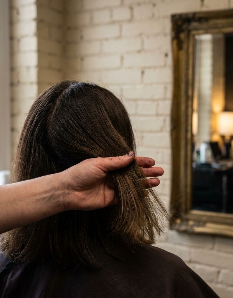Colorist holding a section of hair from behind, still attached at the scalp, showing the texture and tone difference between the root and the length