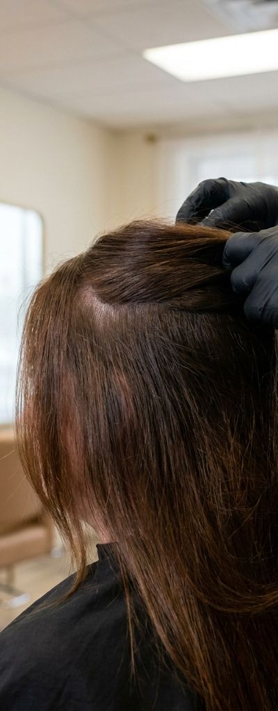 Colorist gloved hands parting a hairline section to compare the tone with the rest of the hair, in a salon with natural light