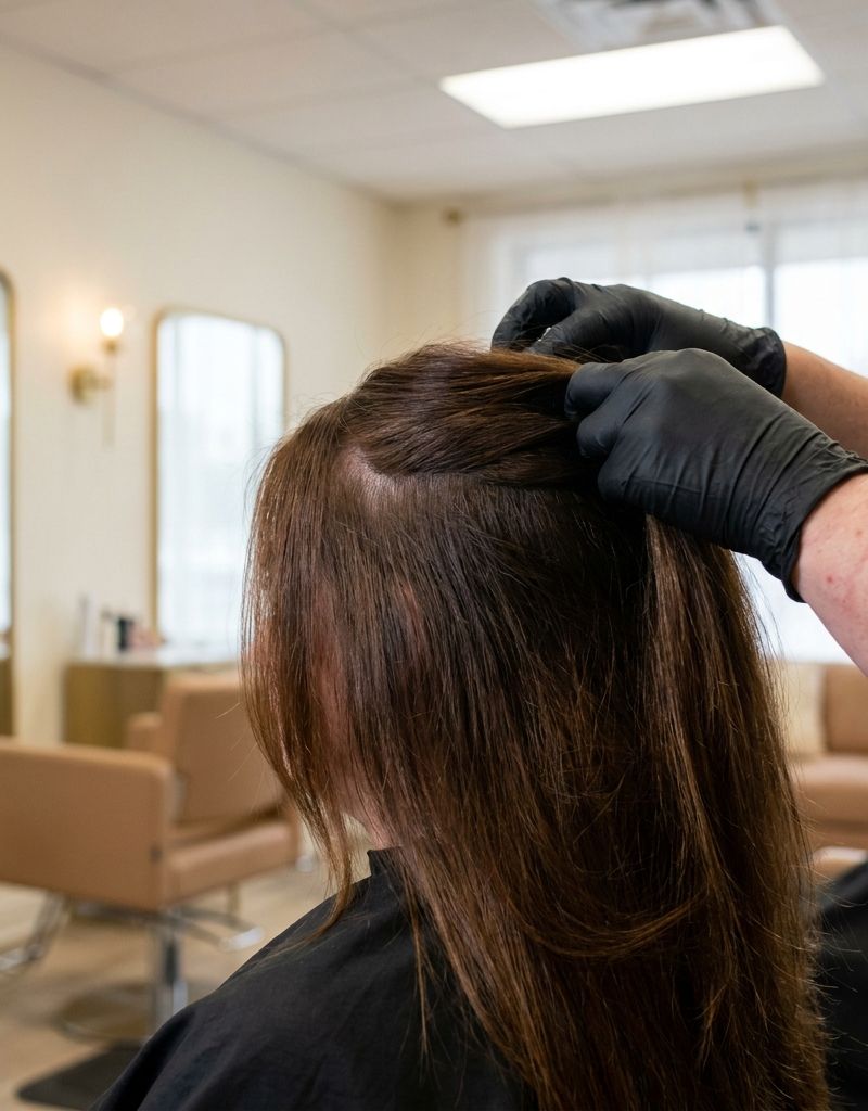 Colorist gloved hands parting a hairline section to compare the tone with the rest of the hair, in a salon with natural light