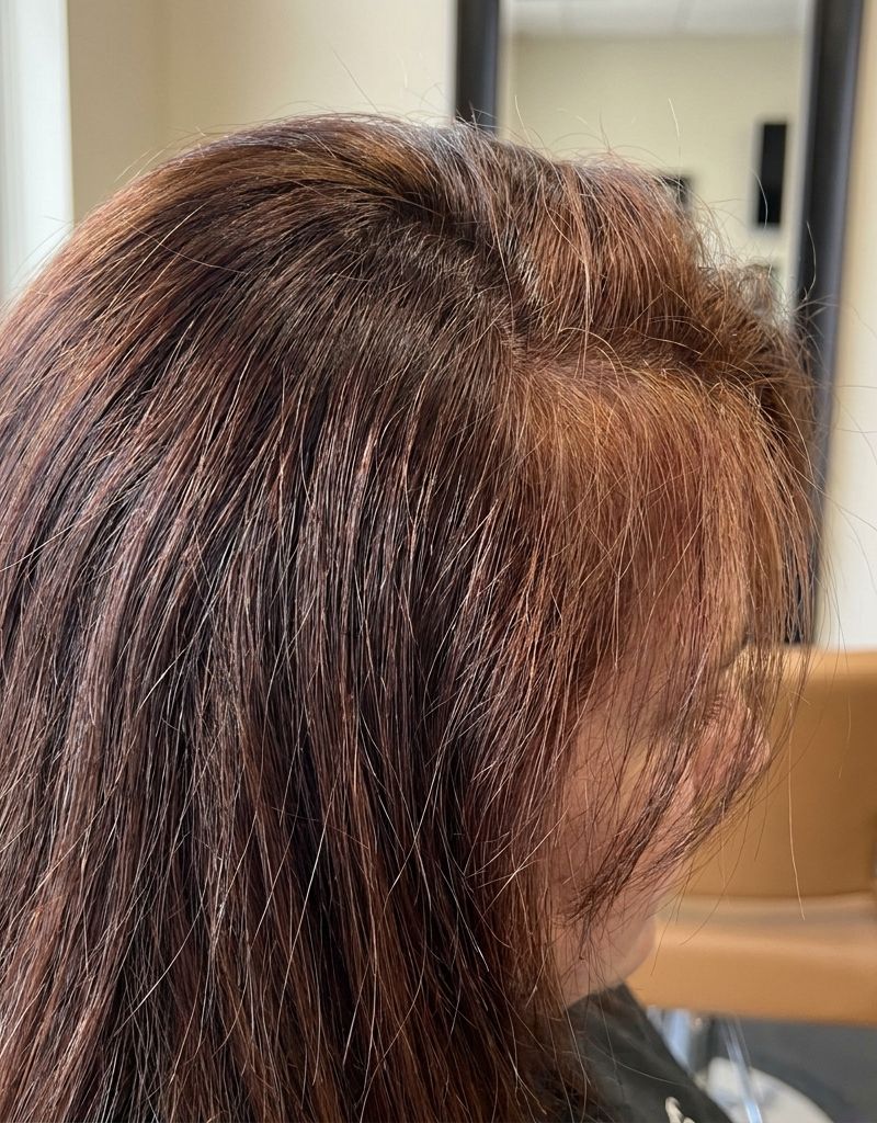Hair part seen from above showing two distinct tones between the root zone and the mid-length zone, under natural window light in a salon