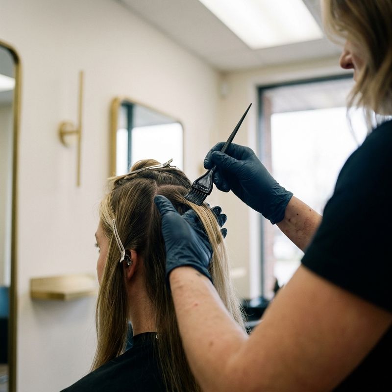Colorist applying corrective gloss with a fine brush to a specific section of the hairline, with the rest of the hair clipped away in a salon