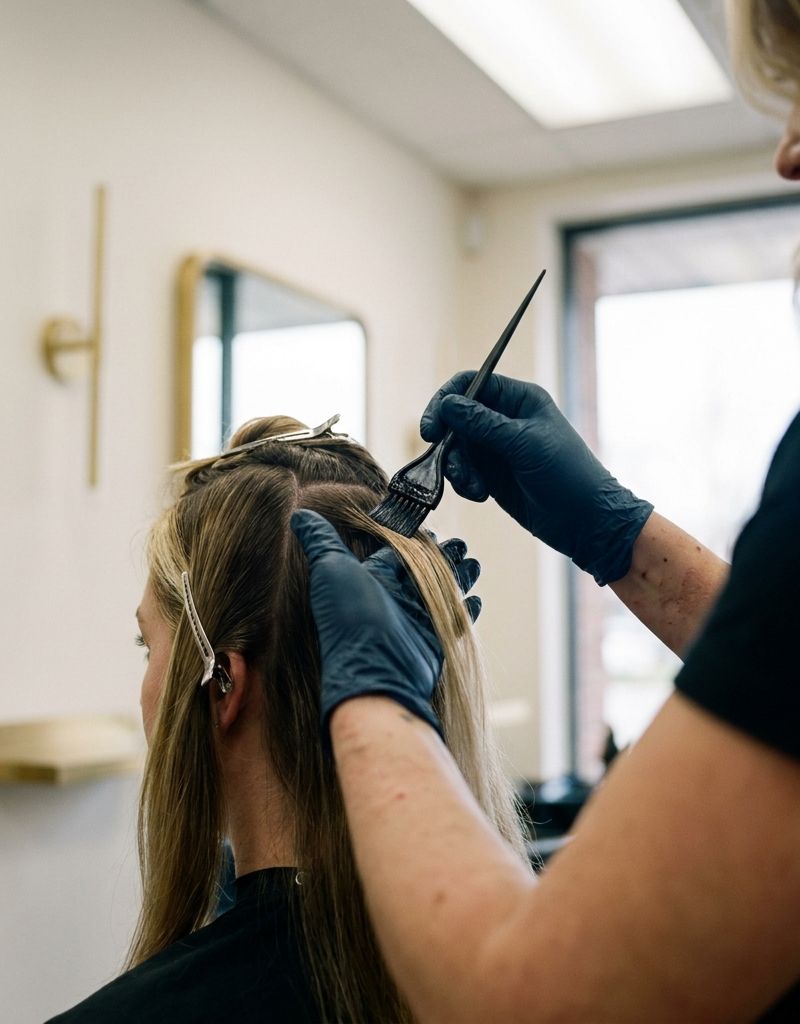 Colorist applying corrective gloss with a fine brush to a specific section of the hairline, with the rest of the hair clipped away in a salon