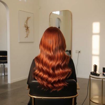 Colorista profissional aplicando tinta vermelha romântica no cabelo para o Dia dos Namorados