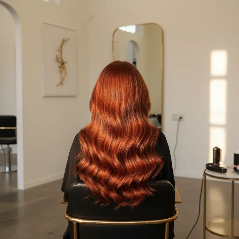 Colorista profesional aplicando tinte rojo romántico en cabello para San Valentín