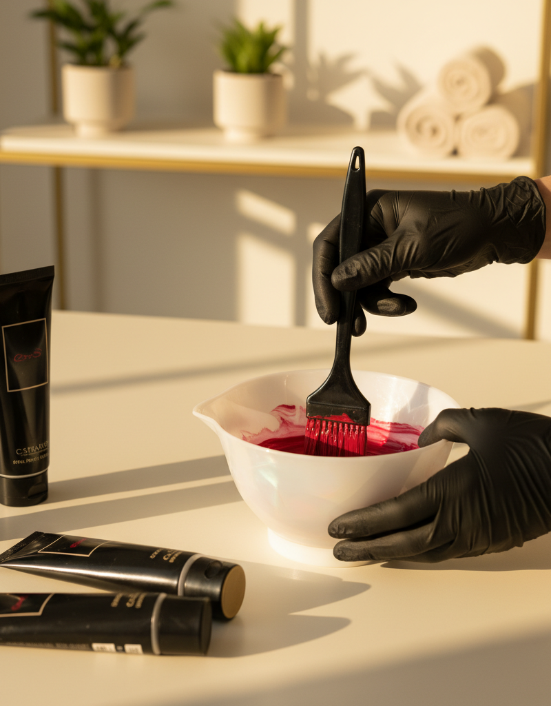 Colorista profesional mezclando fórmula de tinte rojo en salón moderno con iluminación dorada