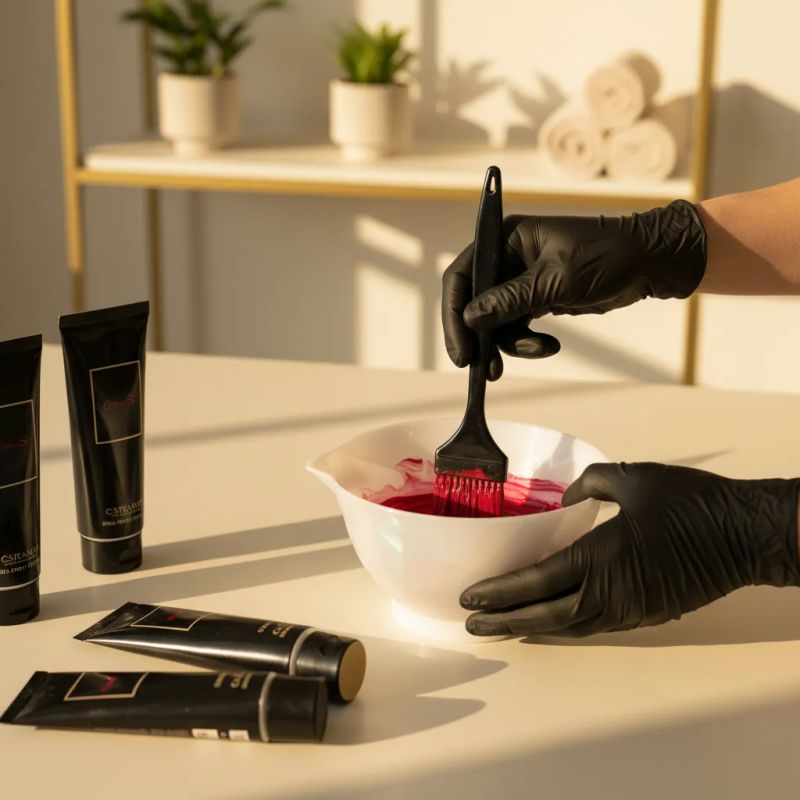 Colorista profesional mezclando fórmula de tinte rojo en salón moderno con iluminación dorada