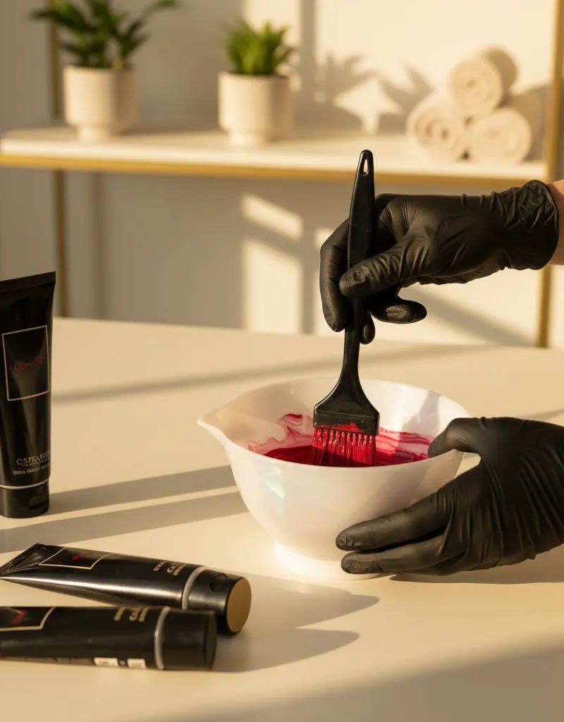 Professional colorist mixing red hair dye formula in modern salon with warm golden lighting