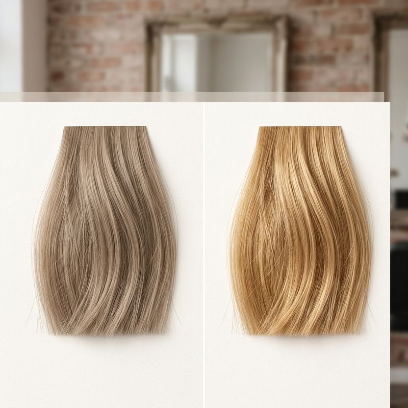 Comparativa de rubio arena beige neutro frente a rubio dorado boy blonde en salón profesional