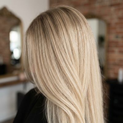 Cabelo loiro areia de tom bege neutro com raiz esfumada suave em salão profissional
