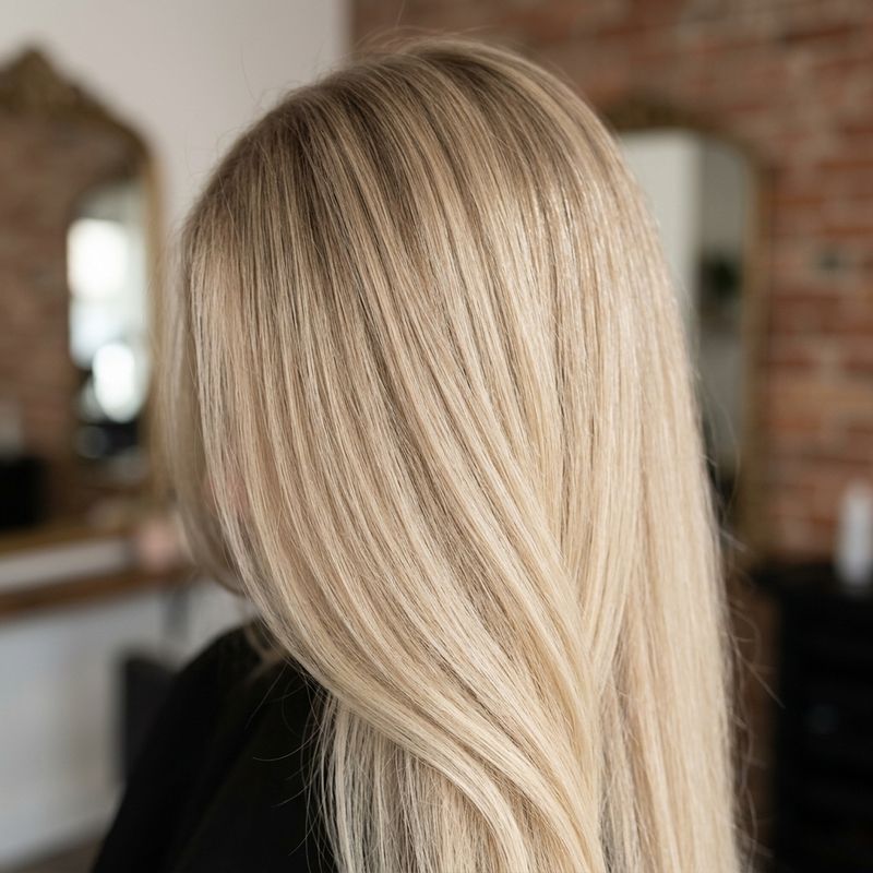 Cabello rubio arena de aspecto beige neutro con raíz sombreada suave en salón profesional