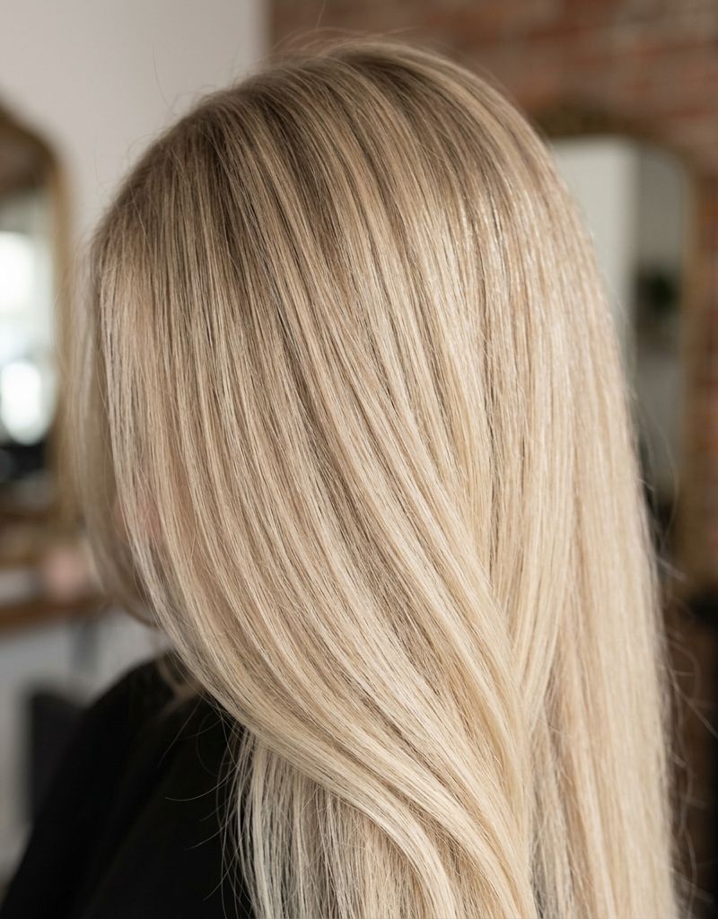 Cabello rubio arena de aspecto beige neutro con raíz sombreada suave en salón profesional