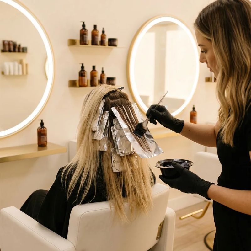 Professional colorist applying lowlights with weaving technique on blonde hair to create dimension