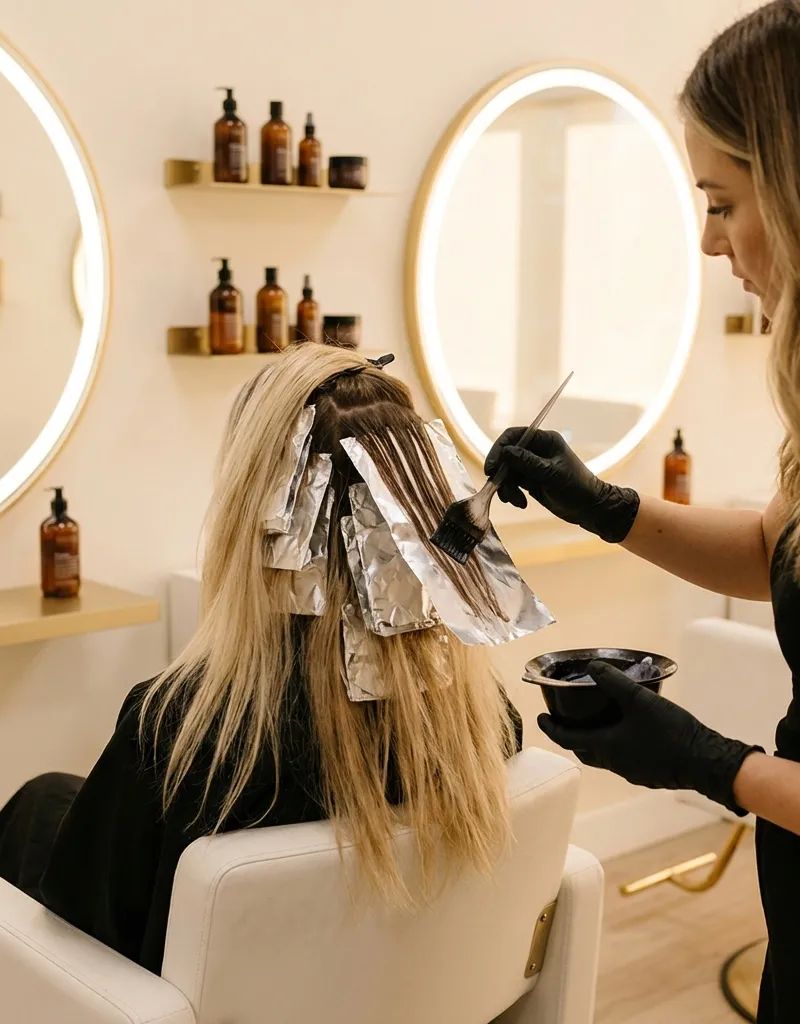 Professional colorist applying lowlights with weaving technique on blonde hair to create dimension