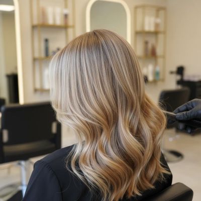 Cabelo loiro multidimensional com jogo de luzes e profundidades em salão profissional