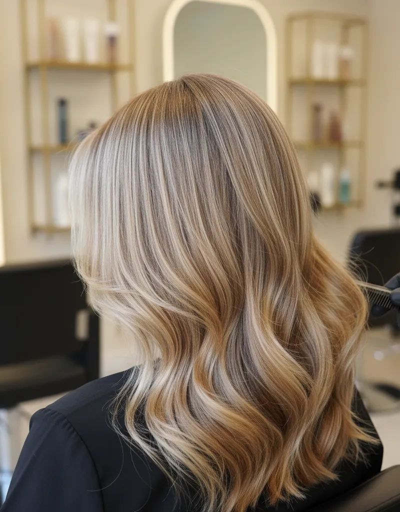Multidimensional blonde hair with highlights and lowlights creating depth in professional salon