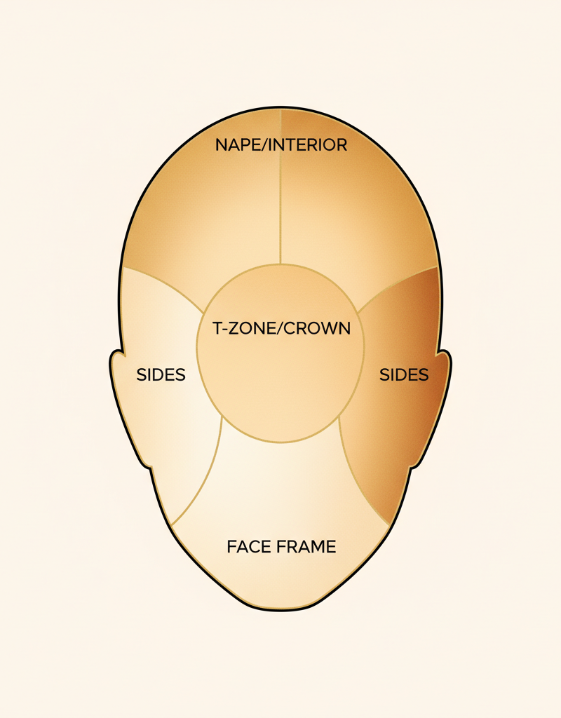 Diagrama de distribución de zonas para rubio dimensional: luces altas en contorno, tono medio en laterales, profundidad en nuca