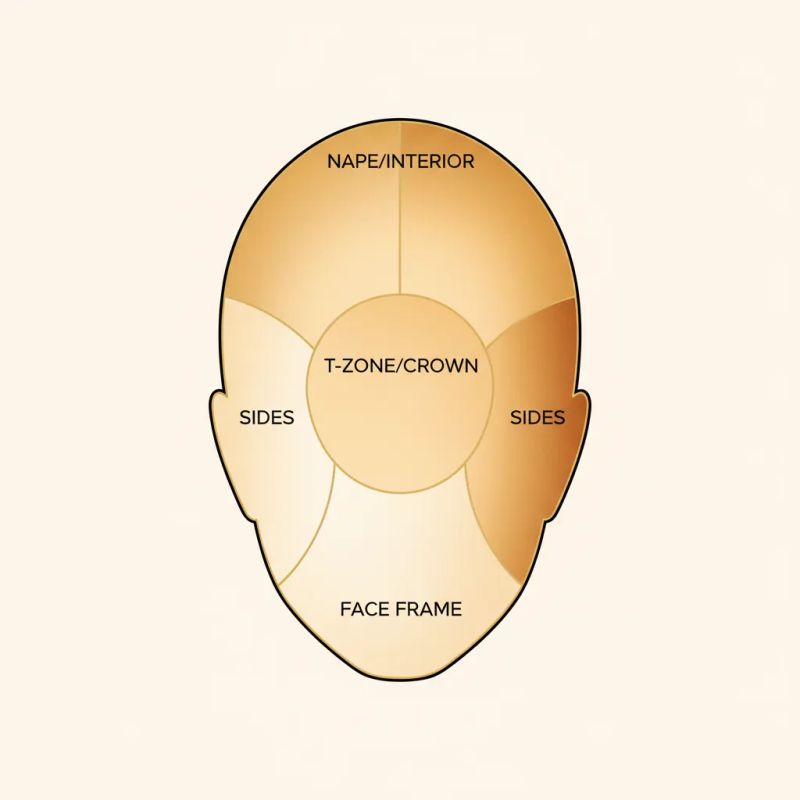 Zone distribution diagram for dimensional blonde: brightest highlights at face frame, medium tones at sides, depth at nape