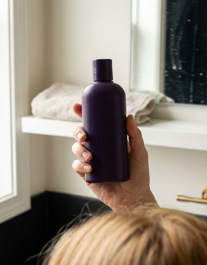 Mano sosteniendo un bote de champú morado sin marca en un baño con toalla usada y luz de ventana