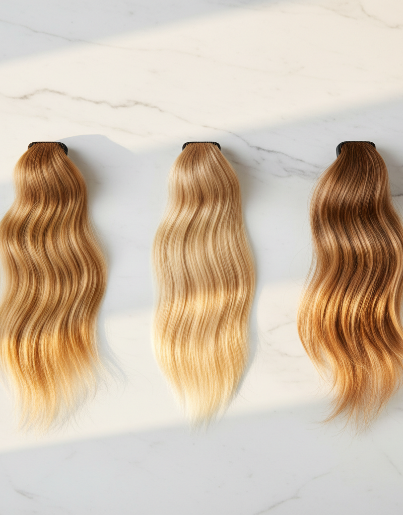 Comparativa de tres mechas de rubio cálido: miel, dorado y caramelo mostrando diferencias de subtono