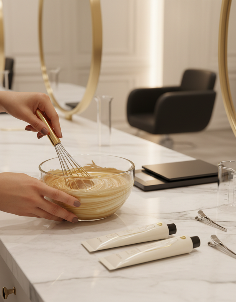 Manos de colorista profesional mezclando fórmula de tinte con tonos dorados miel en bol de cristal