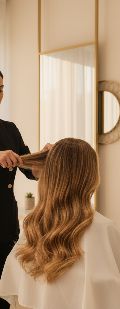 Cabello con rubio miel cálido mostrando reflejos dorados y luminosidad natural en salón profesional