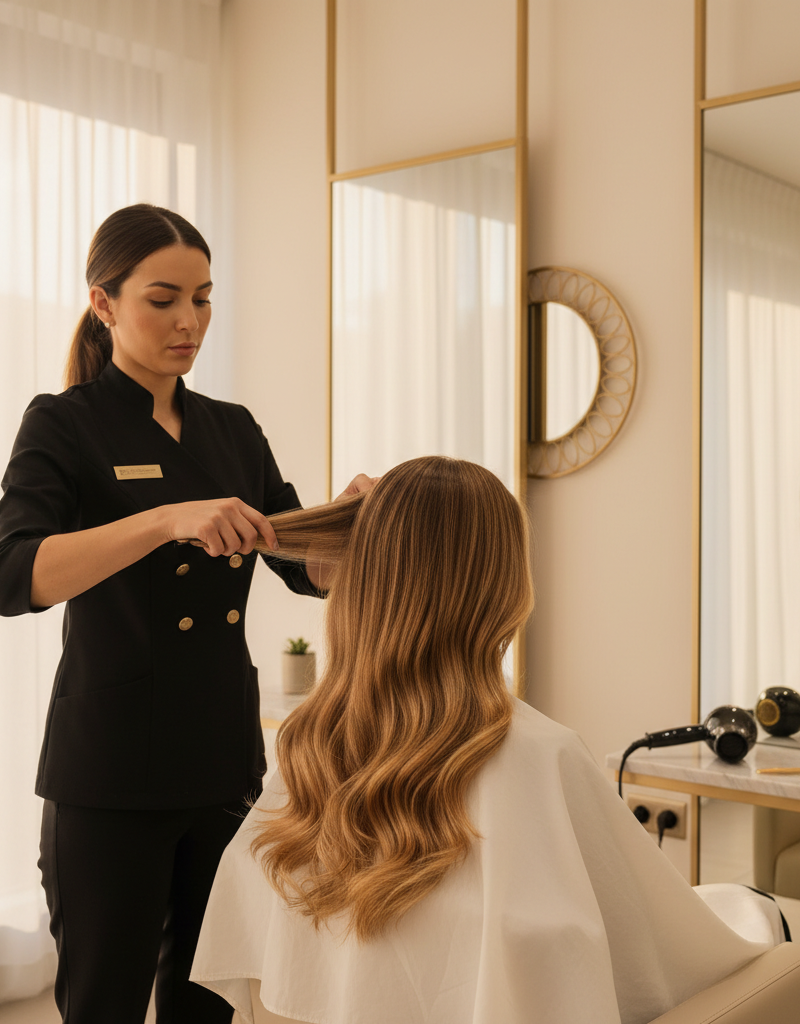 Cabello con rubio miel cálido mostrando reflejos dorados y luminosidad natural en salón profesional