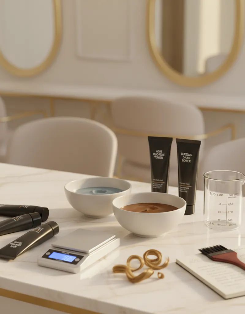 Professional workstation with coloring tools: mixing bowls, ash tones, and formulation products