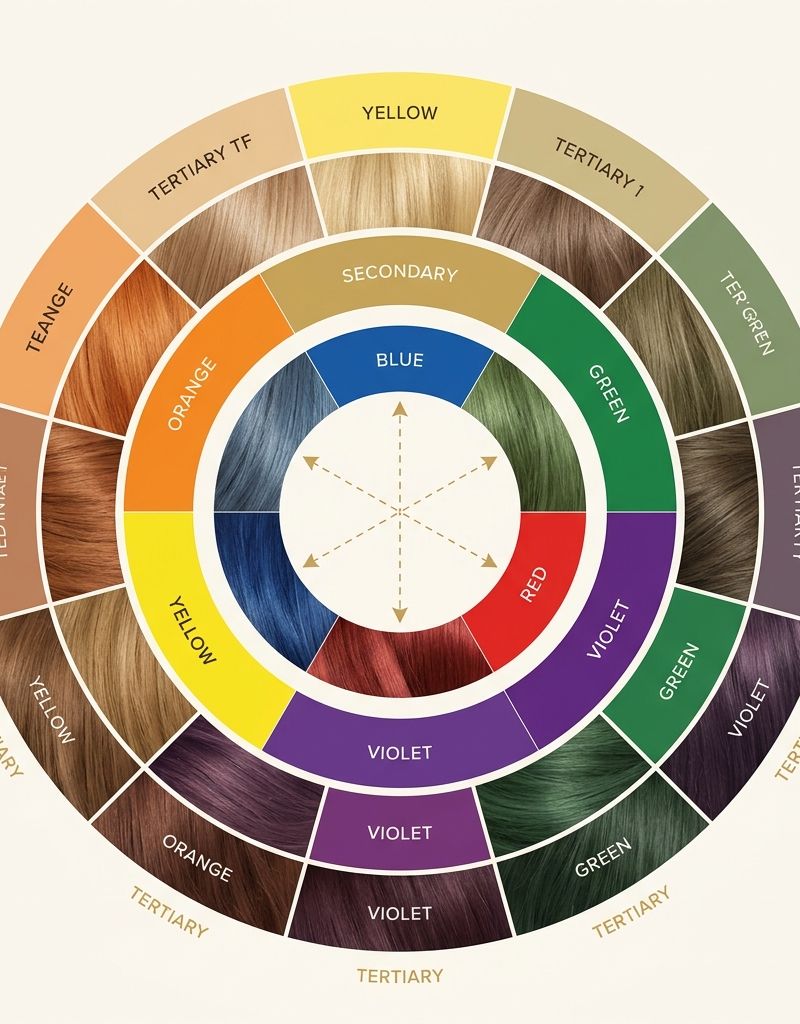 Hair colorimetry color wheel with arrows showing complementary color pairs for neutralization
