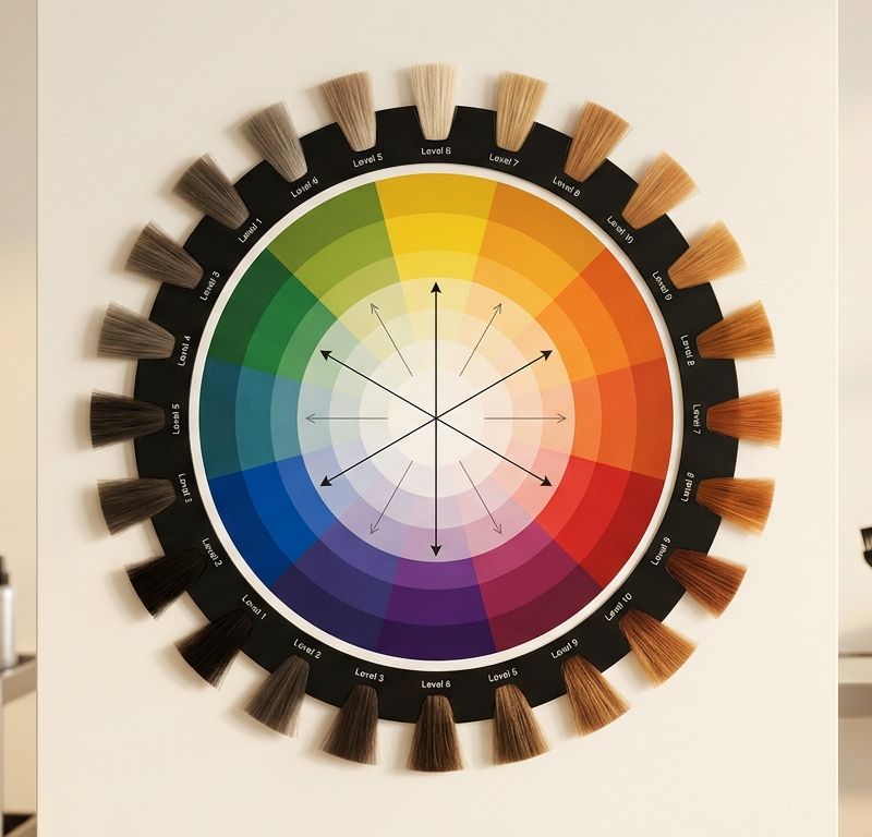 Professional color wheel applied to hair colorimetry with hair swatches