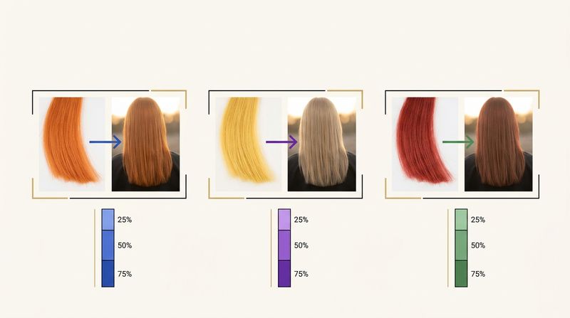 Guía visual de proporciones de neutralización: naranja con azul, amarillo con violeta, rojo con verde