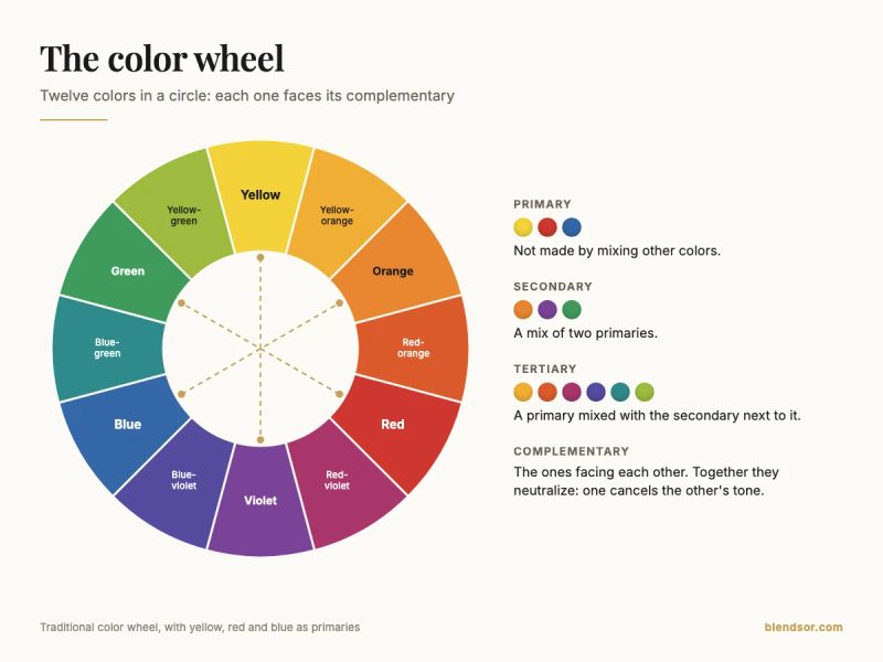 12-color hair color wheel: yellow, red and blue primaries; orange, violet and green secondaries; tertiaries in between, and each color facing its complementary (yellow and violet, red and green, blue and orange)